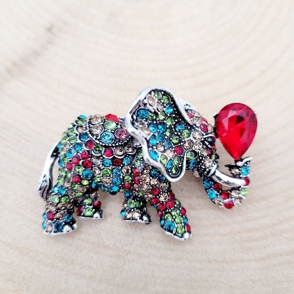 Brand New 2 In 1 Silver Elephant Red Stone Rhinestone Brooch Pin & Pendant